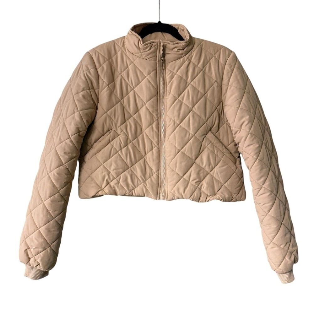 Princess Polly Quilted Puffer Jacket Womens 8 Tan Beige Cropped Zip Mock Neck - Picture 2 of 10
